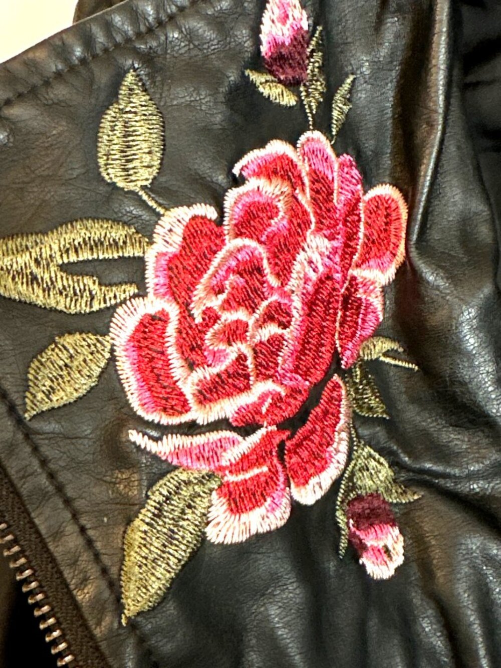 Hippie Laundry Large Black Faux Leather Moto Jacket Floral Embroidered Boho Edgy - Picture 10 of 15